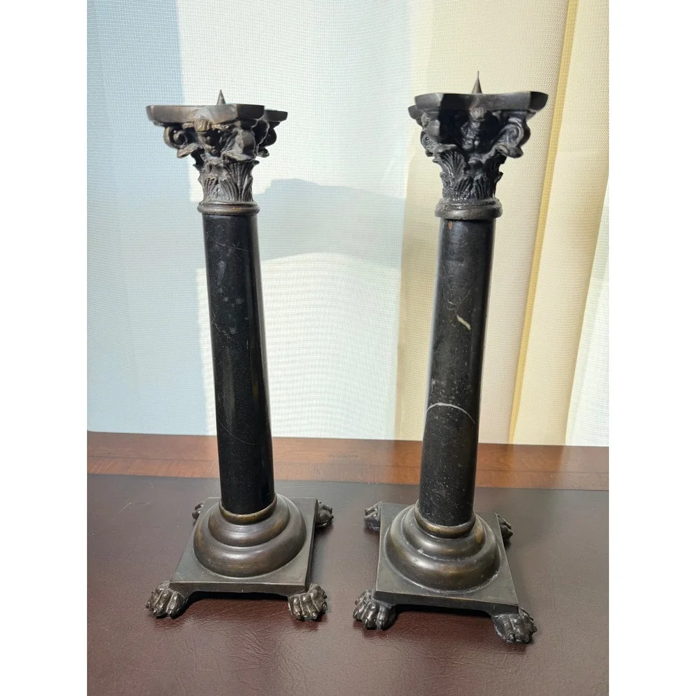 Antique Empire Style Black Marble Corinthian Column Lion Paw Candlesticks Pair